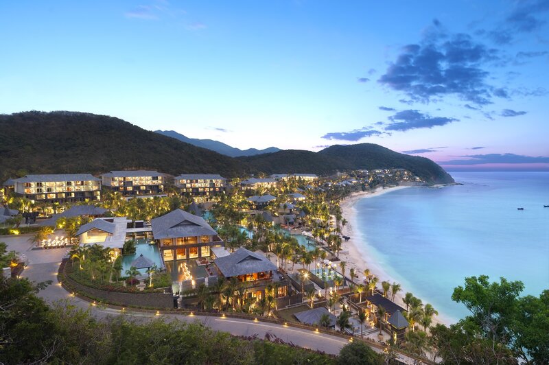 Luxury Resort at Dusk — Blue, Serene, Sunset, Photograph, Beach