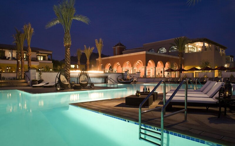 Luxury Resort Pool Area — Blue, Serene, Night