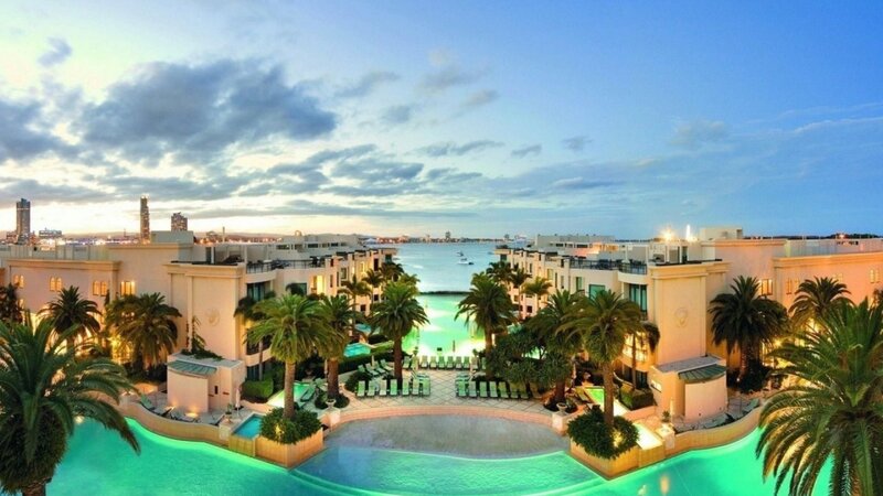 Luxury Resort Pool Area — Blue, Serene, Sunset, Photograph