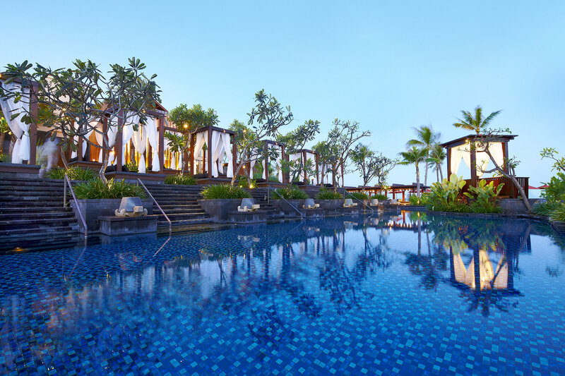 Luxury Resort Pool Area — Blue, Serene, Sunset