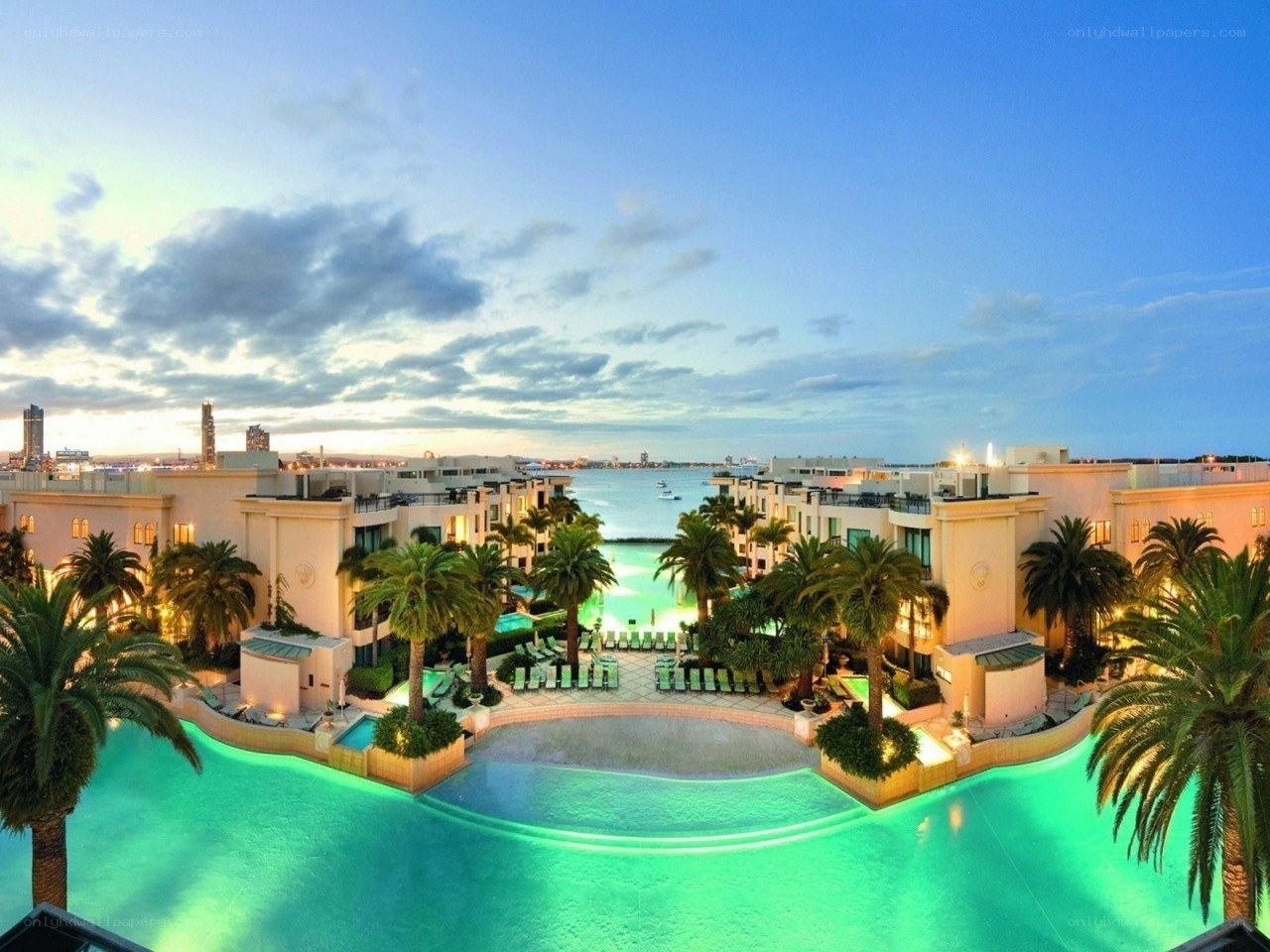 Luxury resort pool at dusk