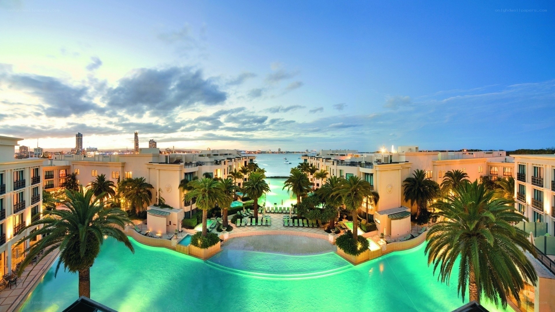 Luxury resort pool at dusk