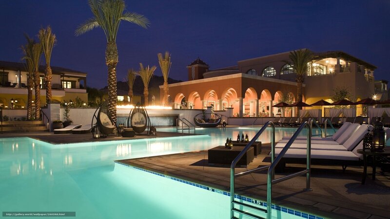 Luxury Resort Pool at Night — Blue, Serene, Photograph, Palm Trees