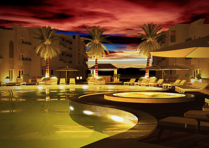 Luxury resort pool at sunset