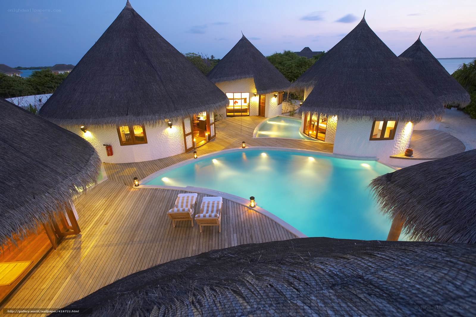 Luxury resort villas at dusk