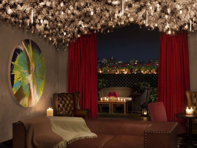 Luxury rooftop lounge at night