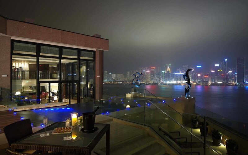 Luxury rooftop terrace at night