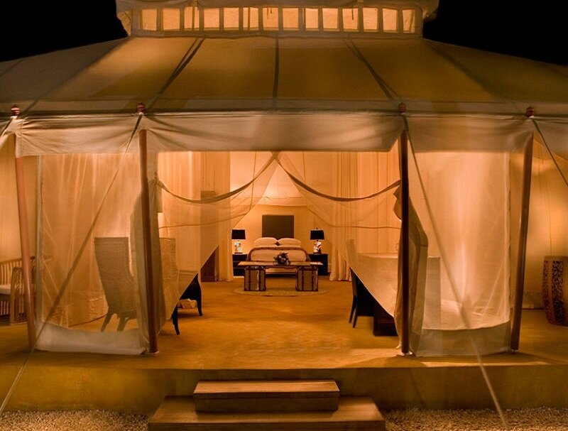 Luxury tent at night