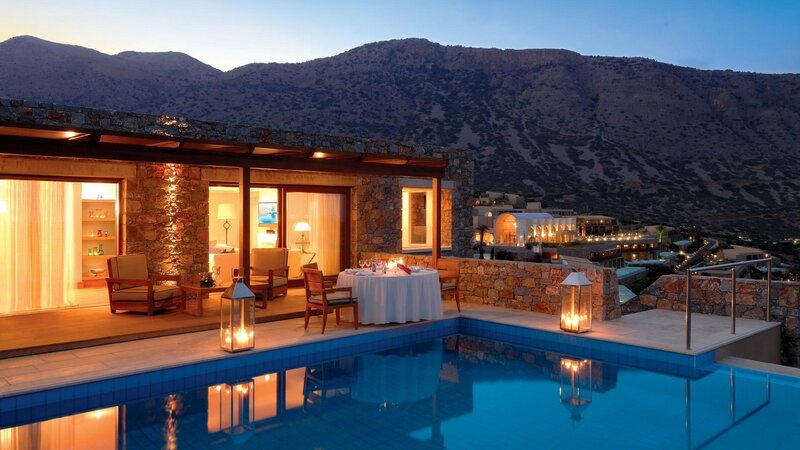 Luxury Villa at Dusk — Blue, Serene, Night, Photograph, Pool, Mountains