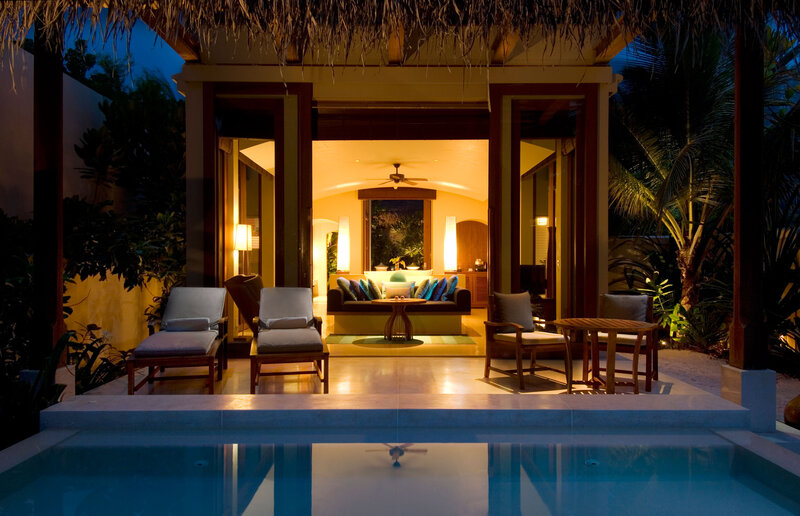 Luxury Villa at Night — Blue, Serene, Photograph, Pool, Lounge Chairs