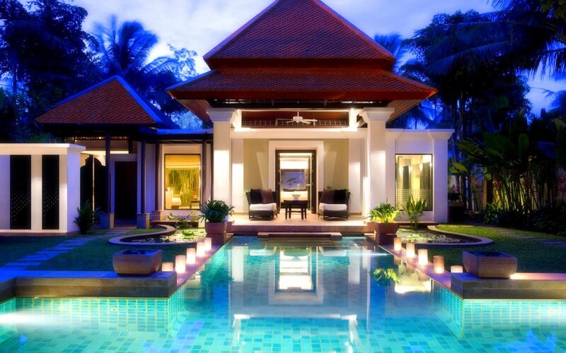 Luxury Villa at Night — Blue, Serene, Photograph, Pool, Palm Trees, Candles