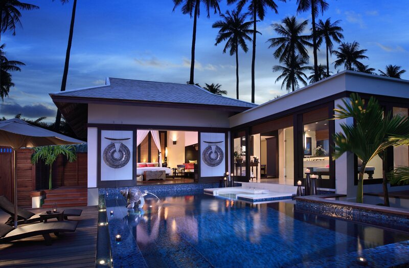 Luxury Villa at Night — Blue, Serene, Photograph, Pool, Palm Trees, Lounge Chairs