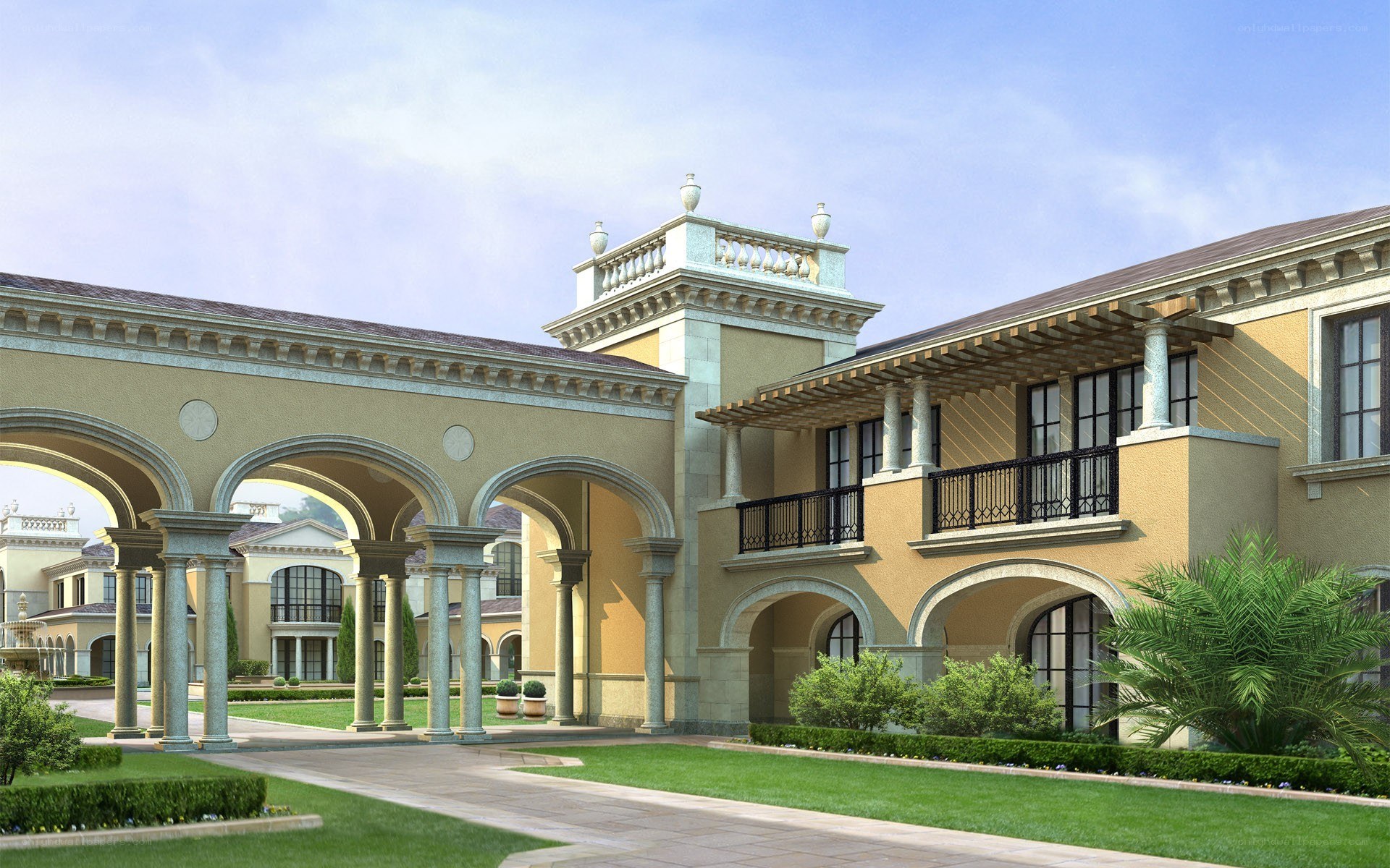 luxury villa with arched colonnade