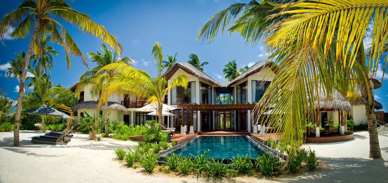 Luxury Villa with Pool — Blue, Serene, Afternoon, Photograph, Palm Trees, Sand