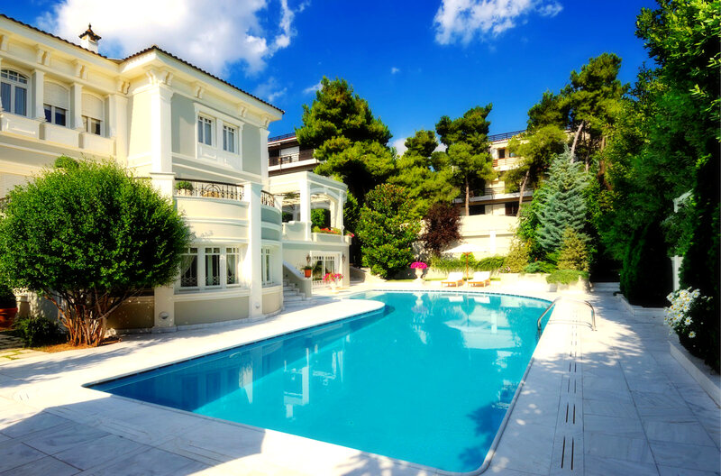 Luxury Villa with Pool — Blue, Serene, Afternoon, Photograph, Trees, Lawn Chairs
