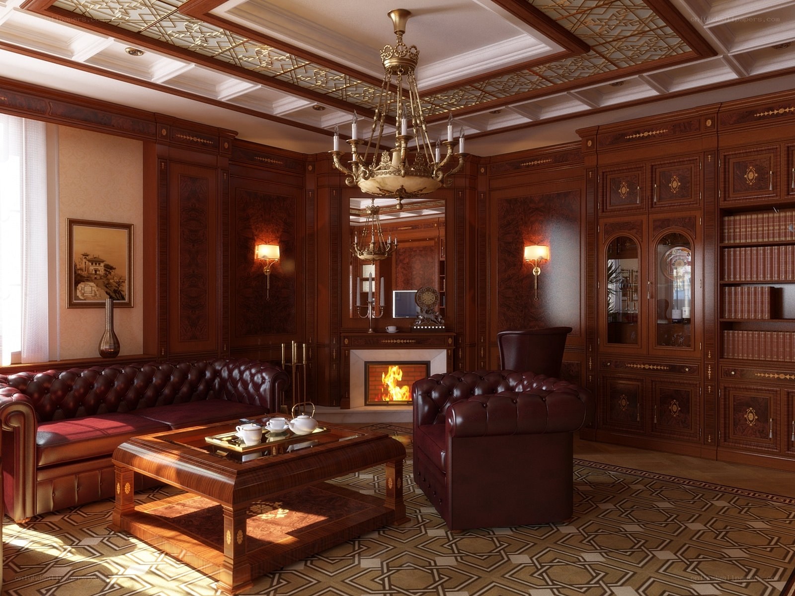 Luxury wood-paneled living room