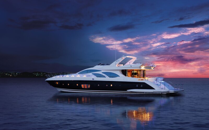 Luxury Yacht at Dusk — Blue, Serene, Sunset