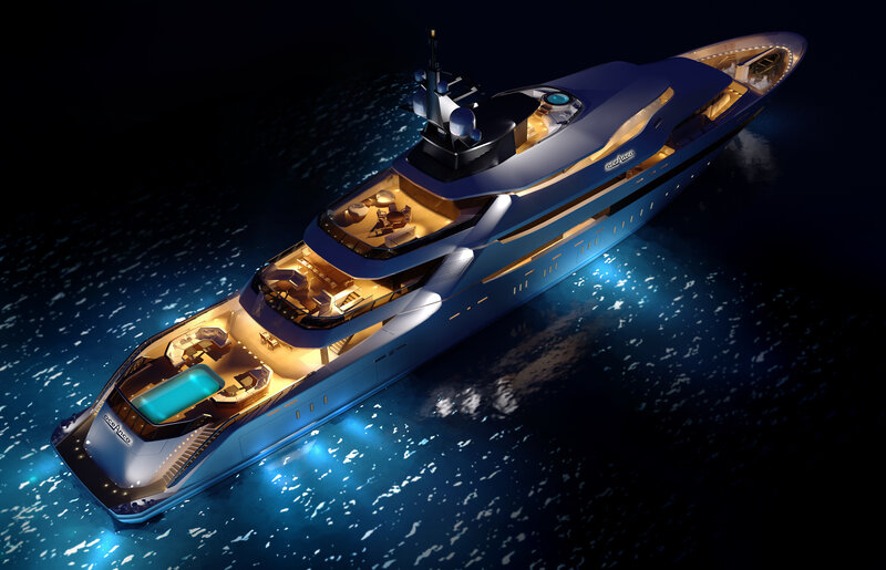 Luxury Yacht at Night — Blue, Dramatic, 3d Render