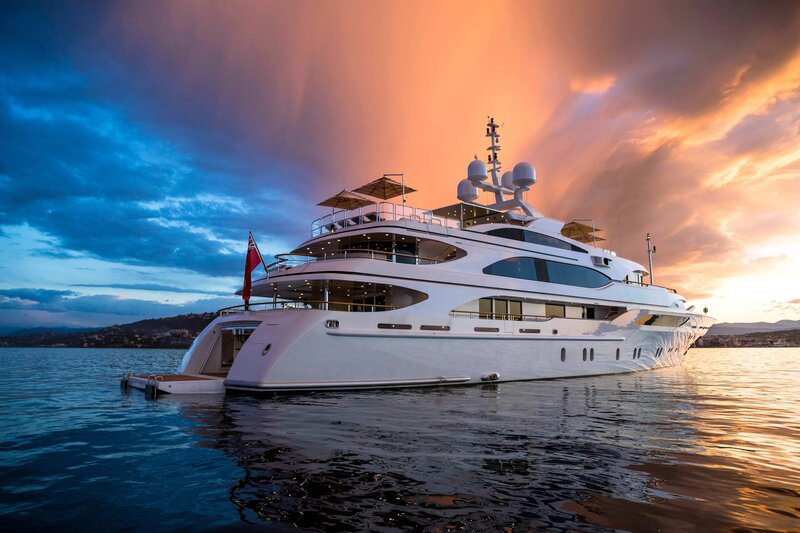 Luxury Yacht at Sunset — Blue