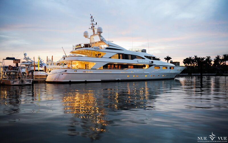 Luxury yacht at sunset in marina