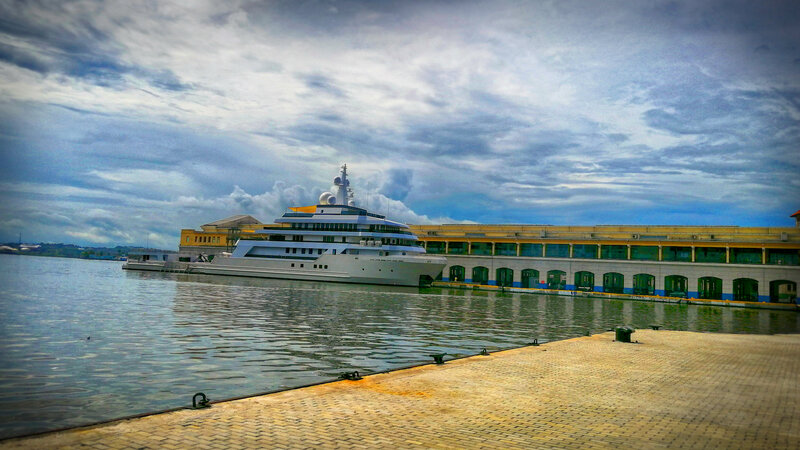 Luxury Yacht in Harbor — Blue, Dramatic