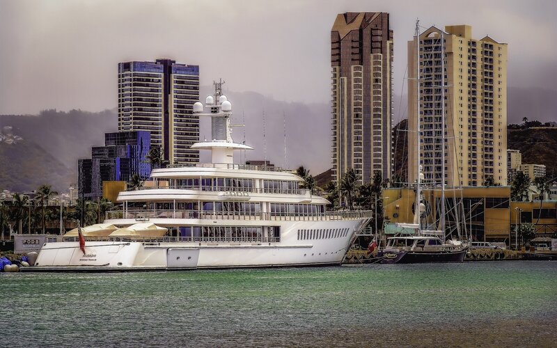Luxury Yacht in Harbor — White, Overcast