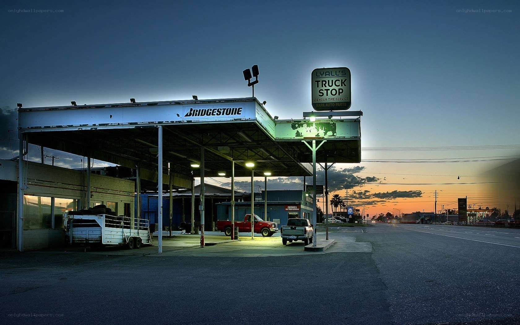 Lyall's Truck Stop at dusk