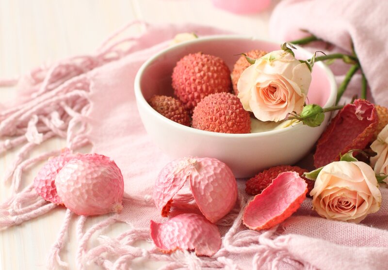 Lychees and Roses in Bowl — Pink, Serene