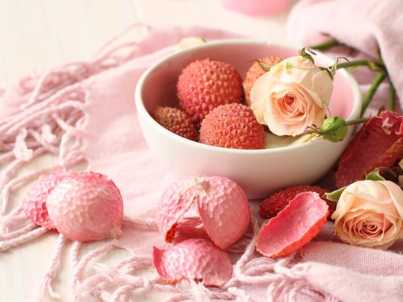 Lychees and Roses in Bowl — Pink