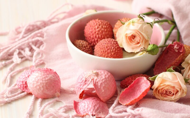 Lychees and Roses in Bowl