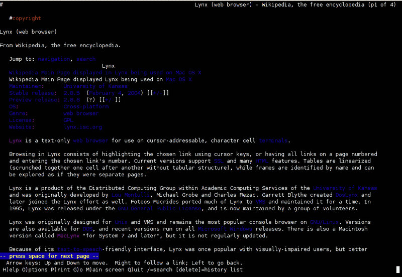 Lynx web browser Wikipedia page