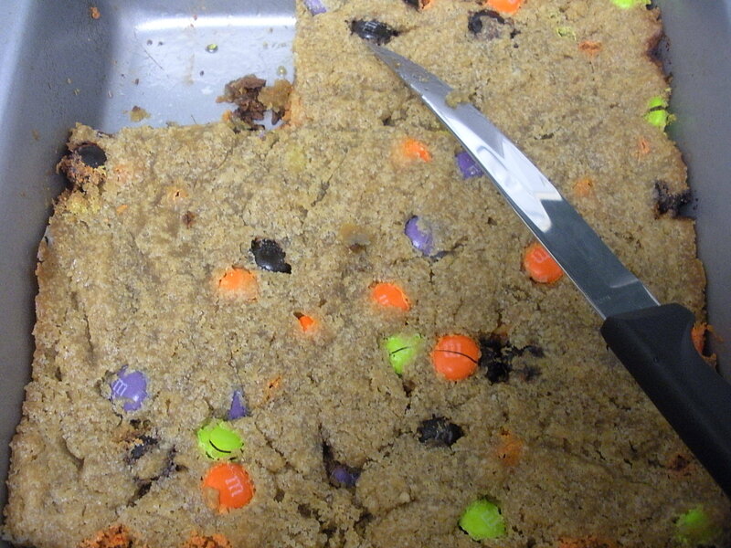 M&M cookie bars in pan