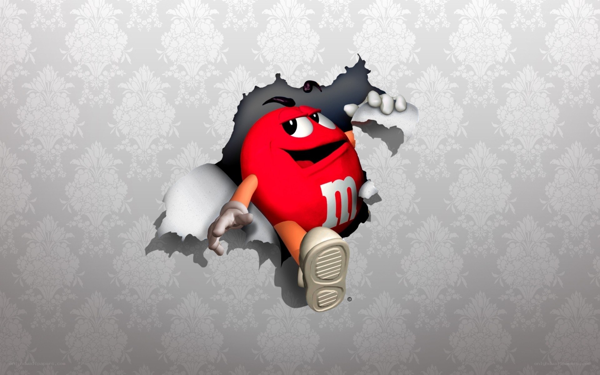 M&M's character breaking through wall