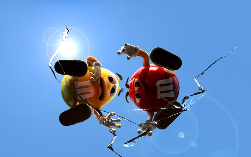 M&M's characters breaking glass