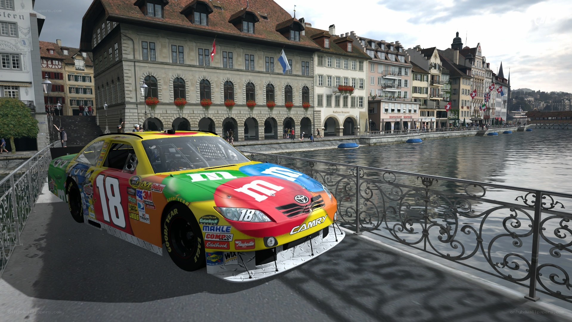 M&M's race car on a bridge