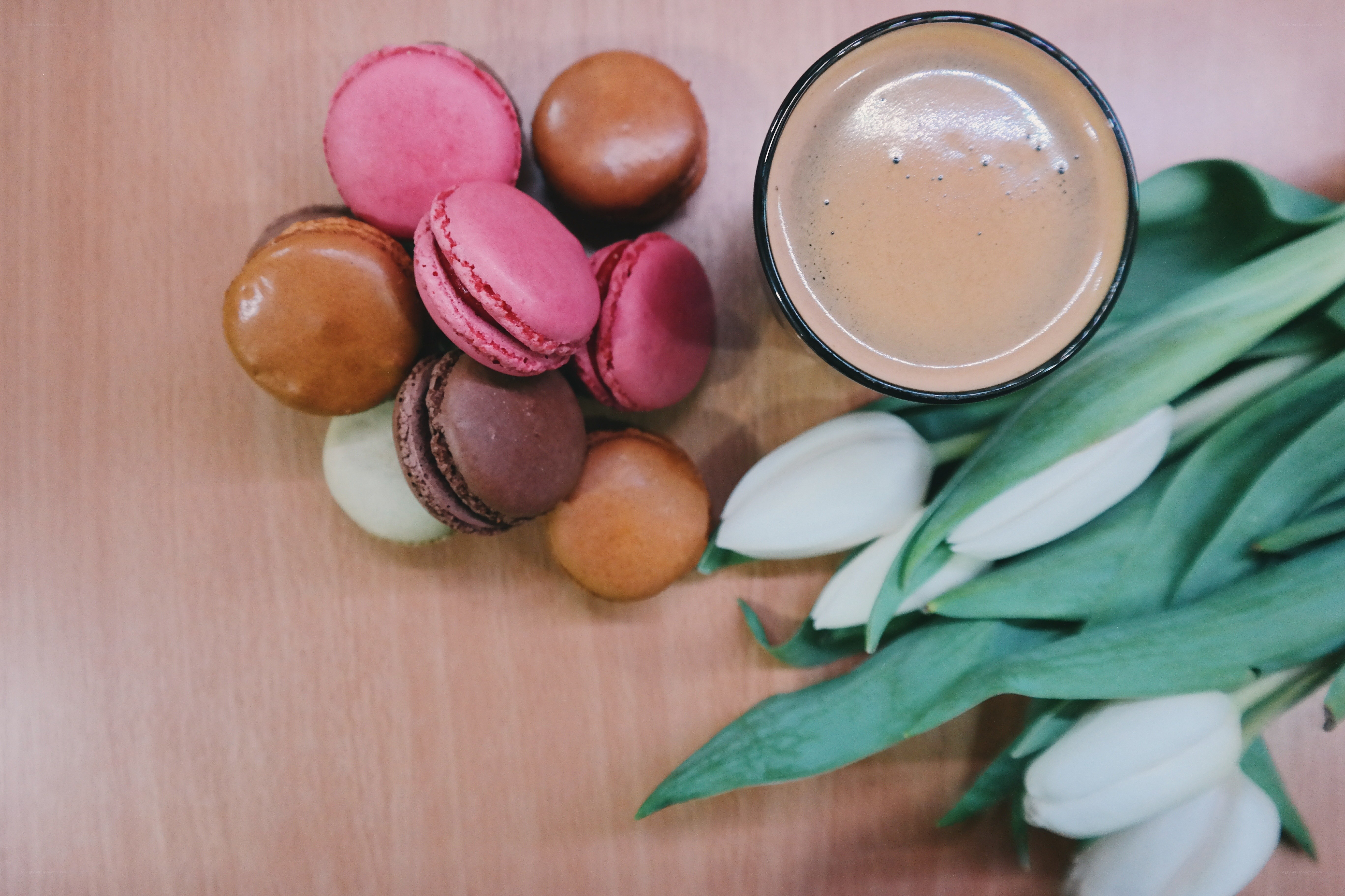 macarons and coffee with tulips