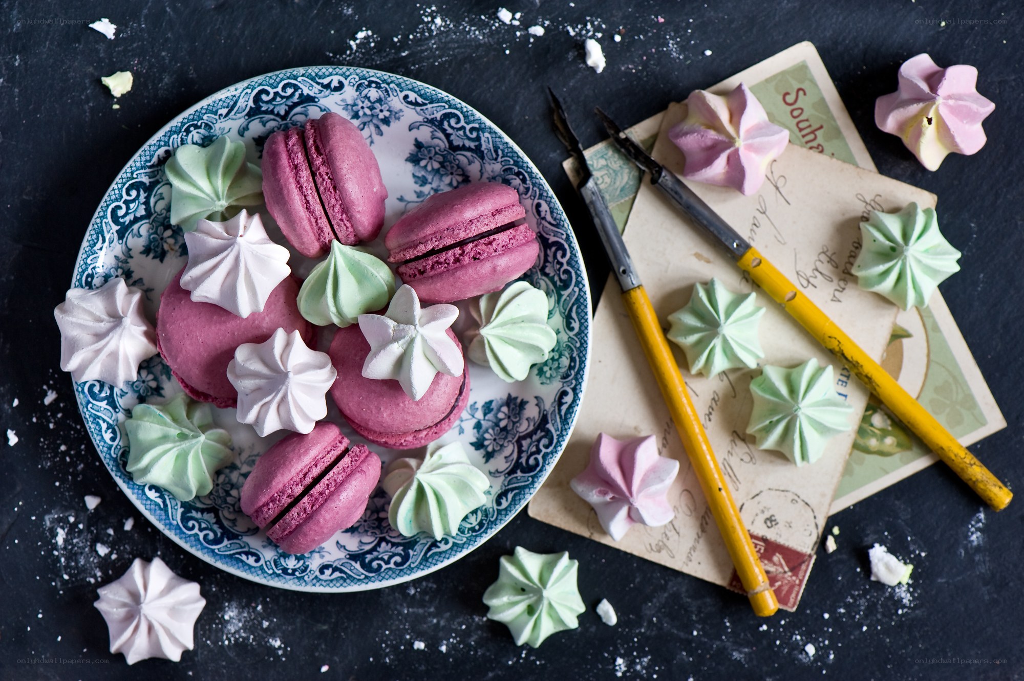Macarons and meringues on a plate