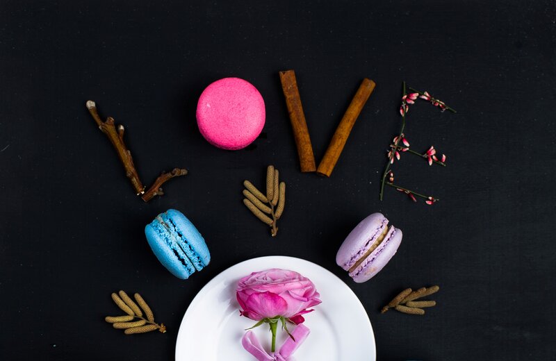 Macarons and Rose on Black
