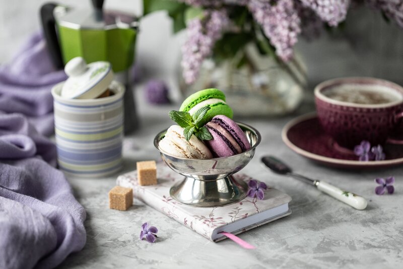 Macarons in Silver Bowl