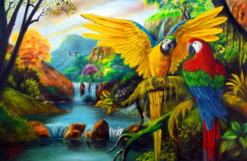 Macaws in Jungle — Green, Vibrant