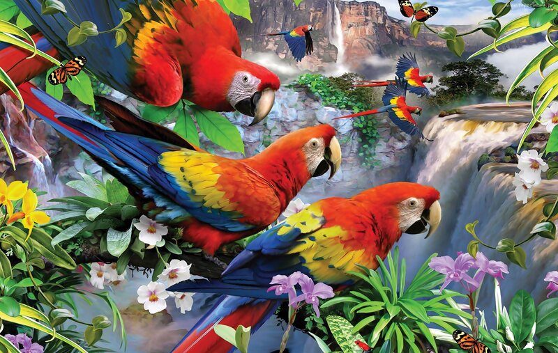 Macaws in Jungle — Red, Vibrant, Digital Art