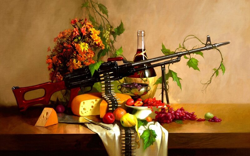 Machine Gun with Fruit — Brown, Dramatic