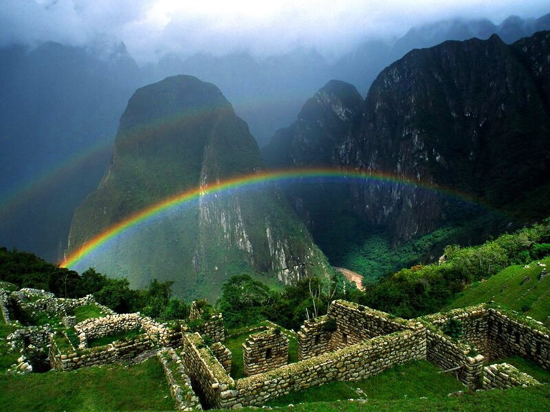 Machu Picchu Ruins — Green, Dramatic, Photograph, Rainbow, Mountains, Stone Walls