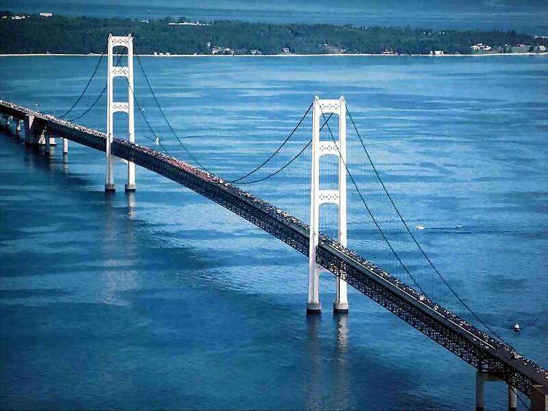 Mackinac Bridge spanning a blue strait