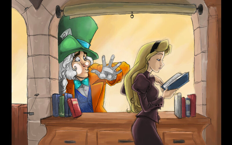 Mad Hatter and Alice in library