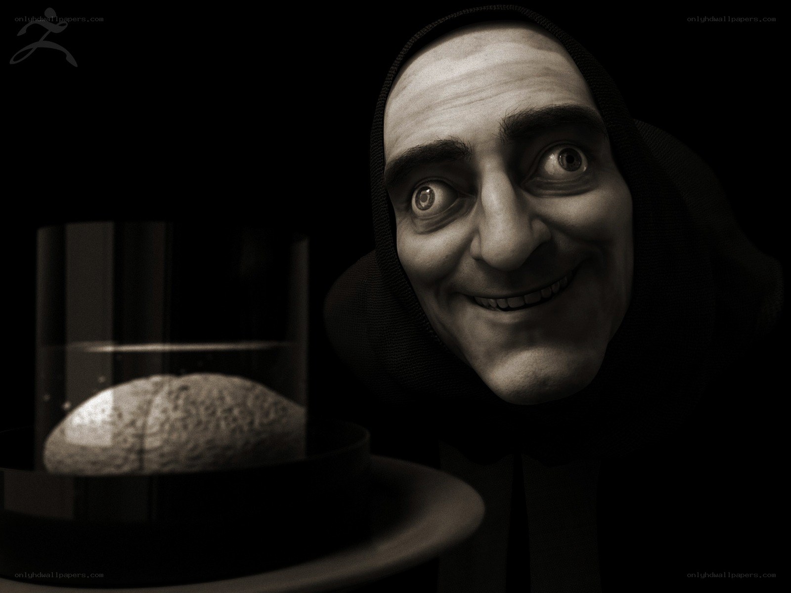 Mad scientist with brain in jar