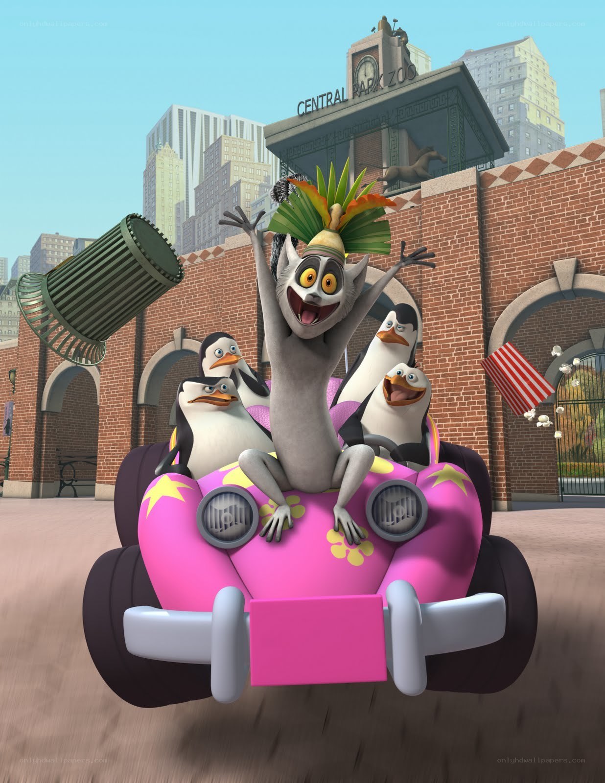 Madagascar characters in pink car