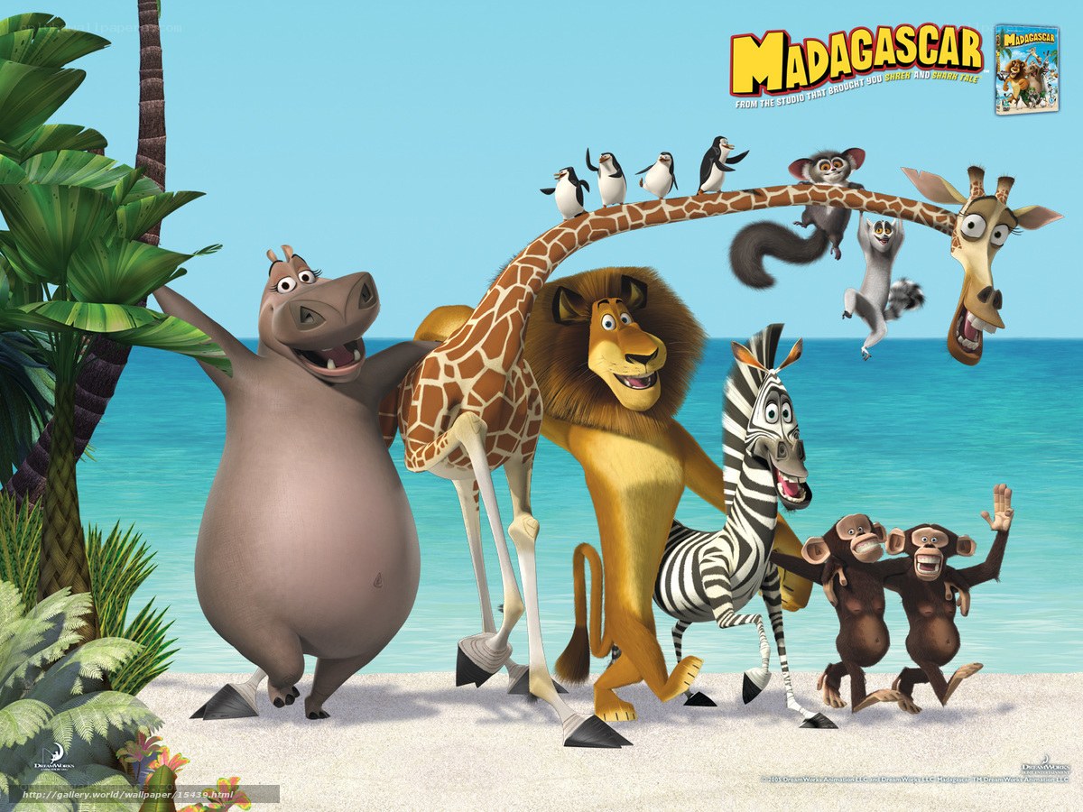 Madagascar movie characters on beach