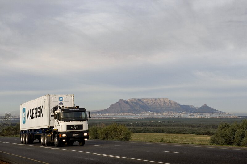 Maersk truck on highway with Table Mountain