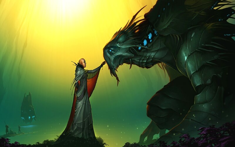 mage and dragon in cave